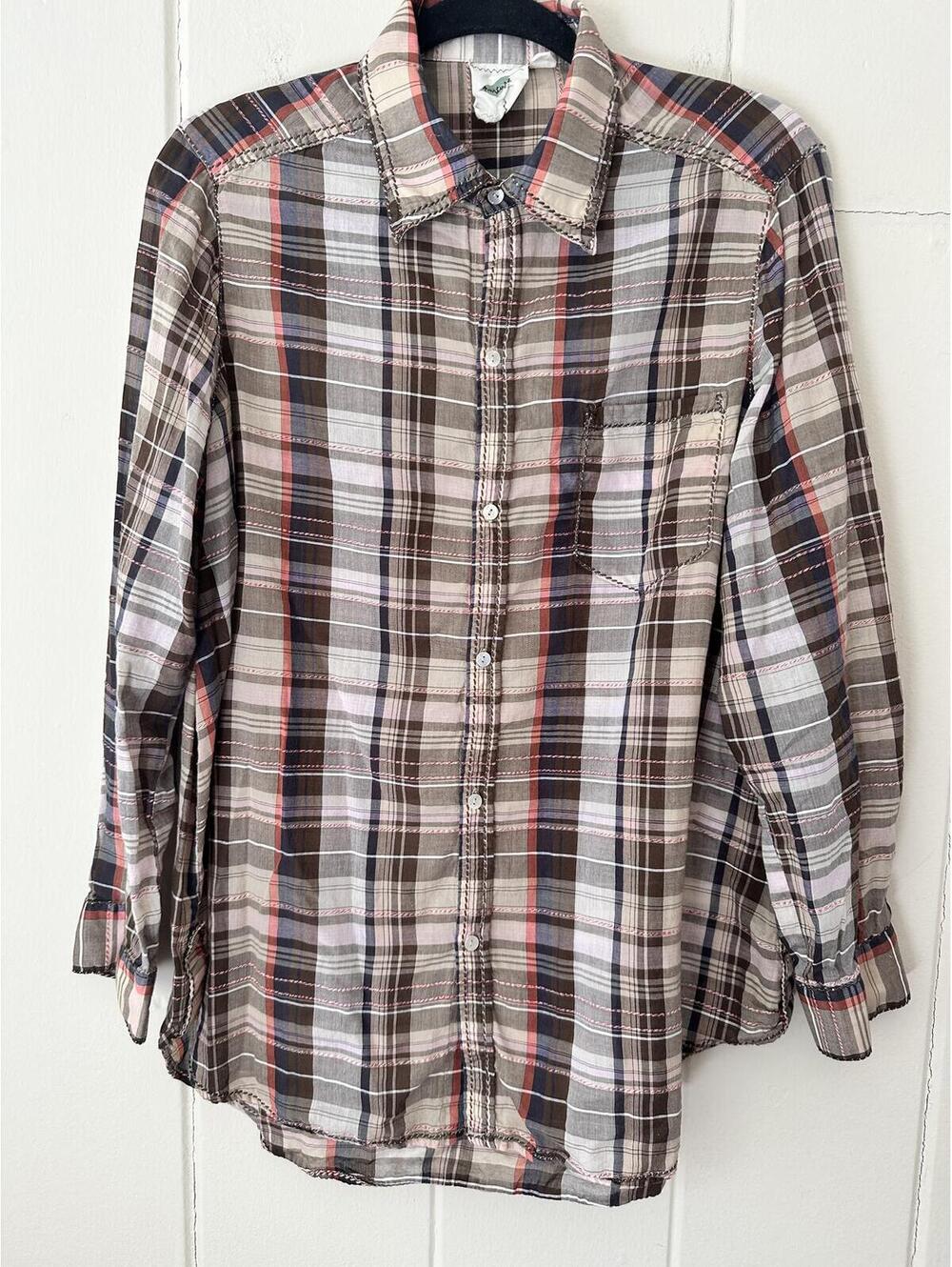 Nurture Long Sleeve Brown Plaid Lightweight 100% Cotton Button Up Shirt Sz Large